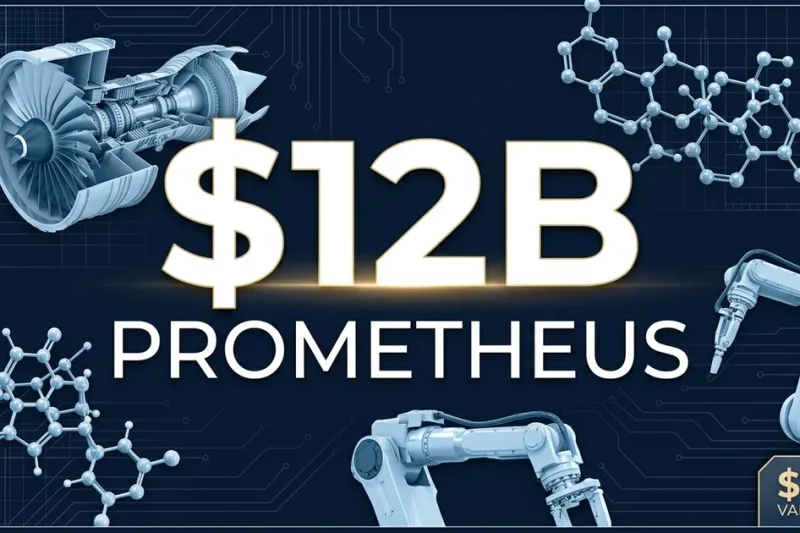 Prometheus AI startup 2 billion fundraise at 1 billion valuation with jet engine, molecular structure, and robotics imagery