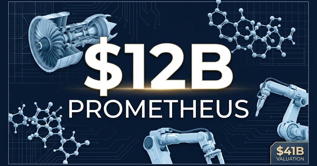 Prometheus AI startup 2 billion fundraise at 1 billion valuation with jet engine, molecular structure, and robotics imagery