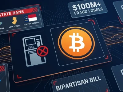 Bitcoin logo with banned ATM kiosk icon, state bans panel for Delaware New Jersey North Carolina, 00M fraud losses and bipartisan bill data panels on dark dashboard