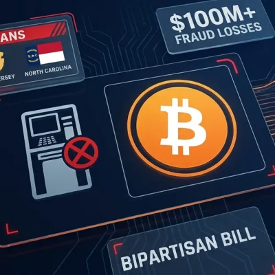 Bitcoin logo with banned ATM kiosk icon, state bans panel for Delaware New Jersey North Carolina, 00M fraud losses and bipartisan bill data panels on dark dashboard