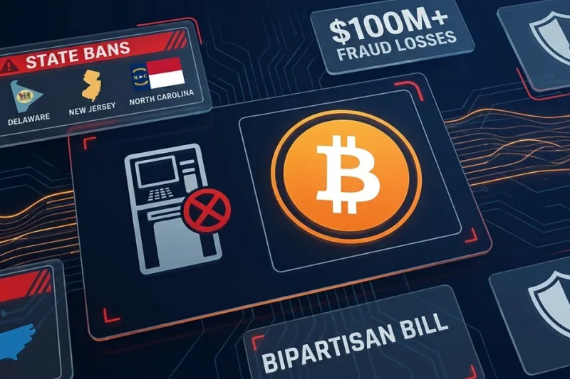 Bitcoin logo with banned ATM kiosk icon, state bans panel for Delaware New Jersey North Carolina, 00M fraud losses and bipartisan bill data panels on dark dashboard