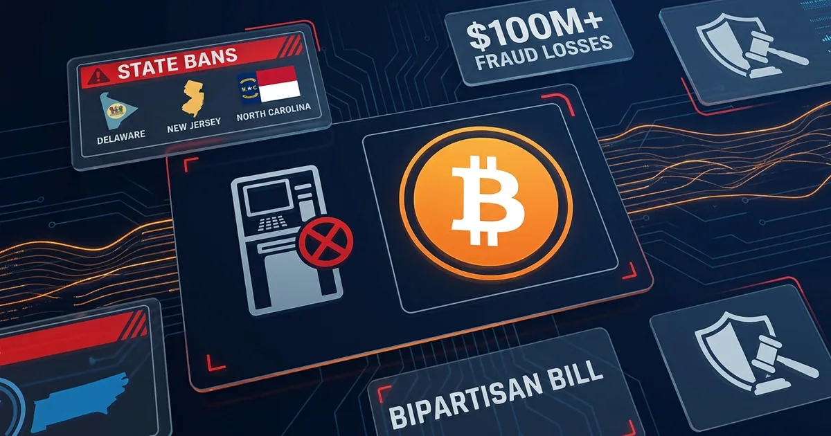 Bitcoin logo with banned ATM kiosk icon, state bans panel for Delaware New Jersey North Carolina, 00M fraud losses and bipartisan bill data panels on dark dashboard