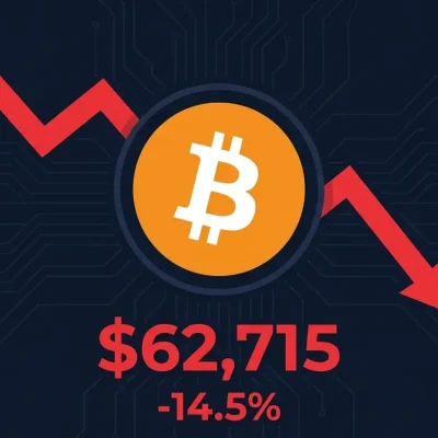Bitcoin logo with red price chart showing drop to 62715 dollars with Ethereum and Solana logos on dark navy background