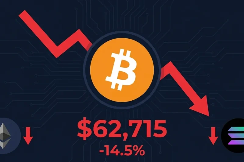 Bitcoin logo with red price chart showing drop to 62715 dollars with Ethereum and Solana logos on dark navy background