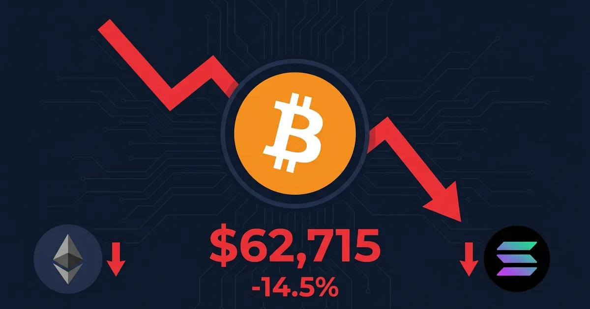 Bitcoin logo with red price chart showing drop to 62715 dollars with Ethereum and Solana logos on dark navy background