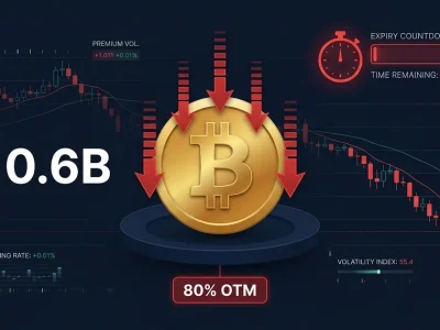 Golden Bitcoin symbol with red downward arrows showing 10.6 billion dollar options expiry and 80 percent out of the money indicator on dark trading dashboard with Deribit logo
