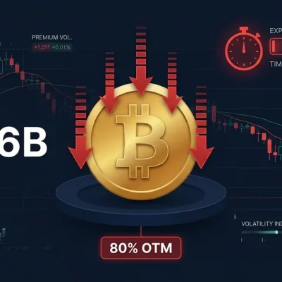 Golden Bitcoin symbol with red downward arrows showing 10.6 billion dollar options expiry and 80 percent out of the money indicator on dark trading dashboard with Deribit logo