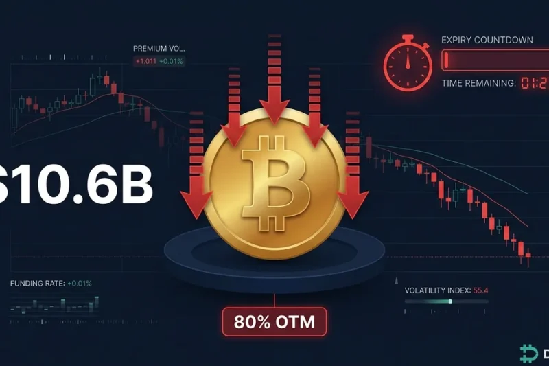 Golden Bitcoin symbol with red downward arrows showing 10.6 billion dollar options expiry and 80 percent out of the money indicator on dark trading dashboard with Deribit logo