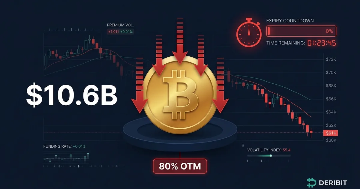Golden Bitcoin symbol with red downward arrows showing 10.6 billion dollar options expiry and 80 percent out of the money indicator on dark trading dashboard with Deribit logo