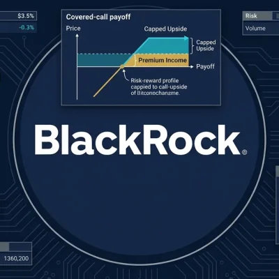 BlackRock logo with Bitcoin symbol, covered-call payoff diagram, and BITA ticker on financial dashboard