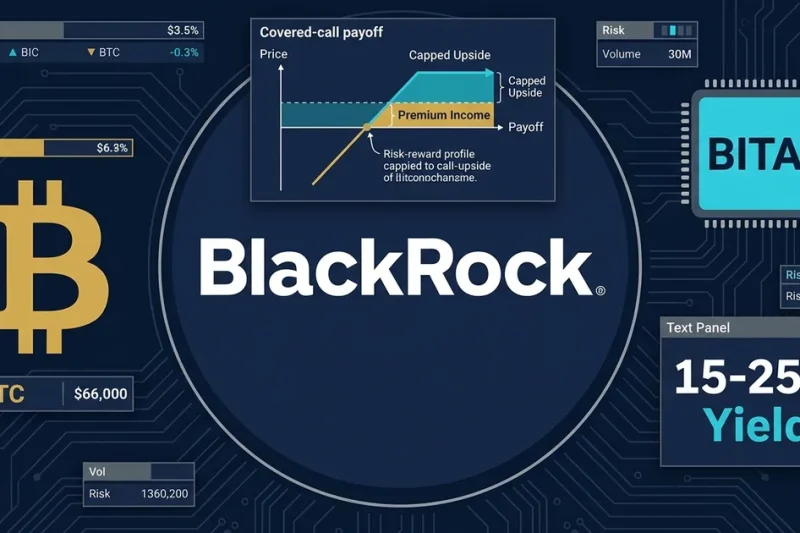BlackRock logo with Bitcoin symbol, covered-call payoff diagram, and BITA ticker on financial dashboard