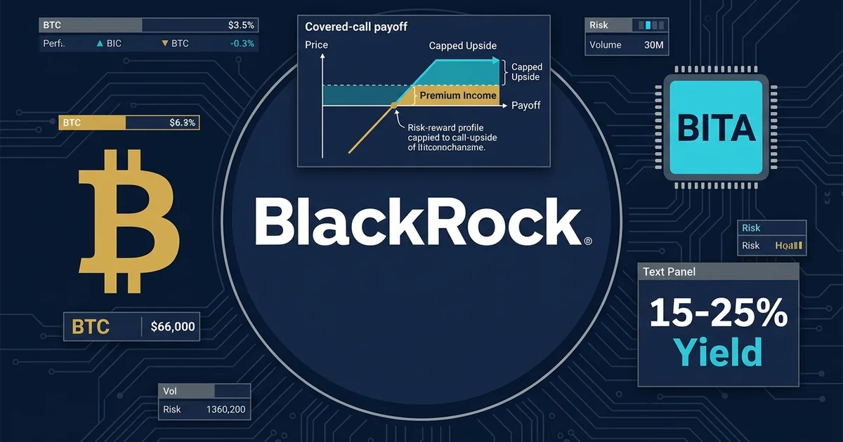 BlackRock logo with Bitcoin symbol, covered-call payoff diagram, and BITA ticker on financial dashboard