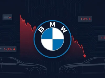 BMW logo on dark background with red declining stock chart line and 1-3 percent margin data panels