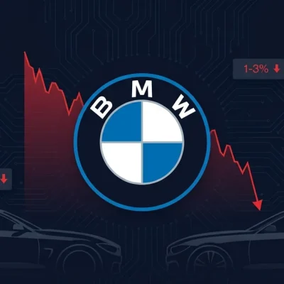 BMW logo on dark background with red declining stock chart line and 1-3 percent margin data panels