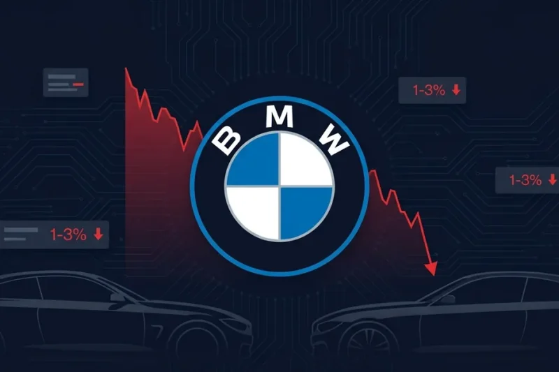BMW logo on dark background with red declining stock chart line and 1-3 percent margin data panels