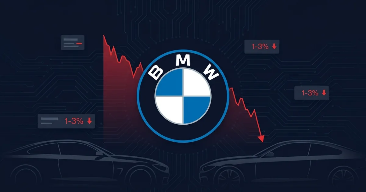 BMW logo on dark background with red declining stock chart line and 1-3 percent margin data panels