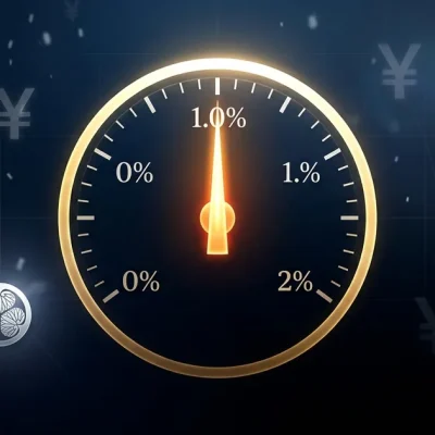 Rate gauge showing Bank of Japan benchmark interest rate at 1.0 percent with yen symbols and JPY/USD 160 indicator on dark navy background