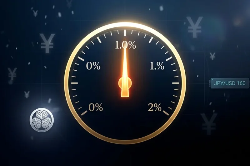 Rate gauge showing Bank of Japan benchmark interest rate at 1.0 percent with yen symbols and JPY/USD 160 indicator on dark navy background