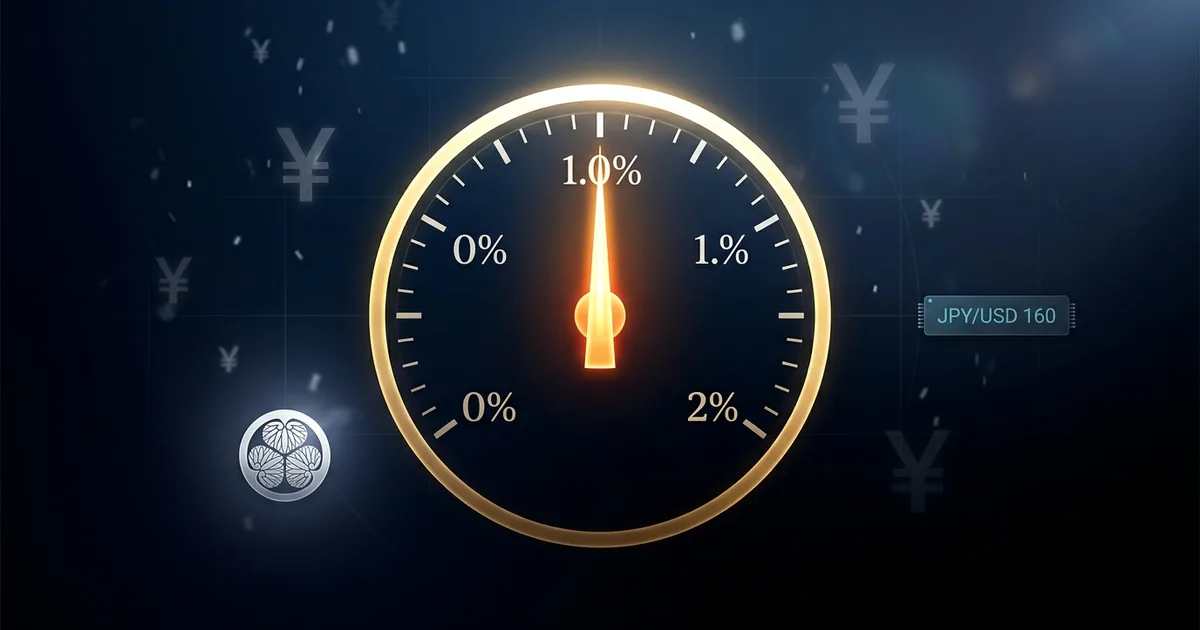Rate gauge showing Bank of Japan benchmark interest rate at 1.0 percent with yen symbols and JPY/USD 160 indicator on dark navy background