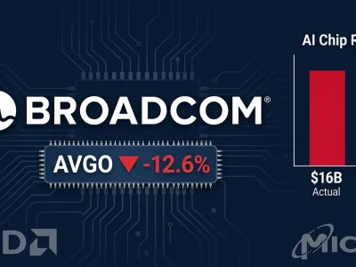 Broadcom logo with AVGO ticker showing 12.6 percent drop and AI chip revenue comparison chart on dark navy circuit board background