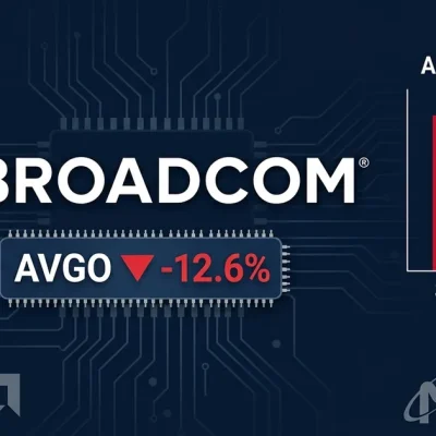 Broadcom logo with AVGO ticker showing 12.6 percent drop and AI chip revenue comparison chart on dark navy circuit board background