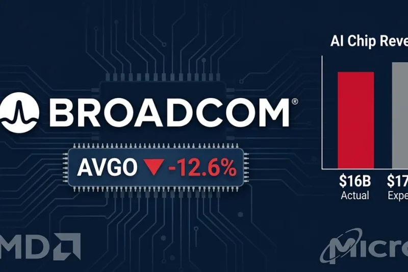 Broadcom logo with AVGO ticker showing 12.6 percent drop and AI chip revenue comparison chart on dark navy circuit board background