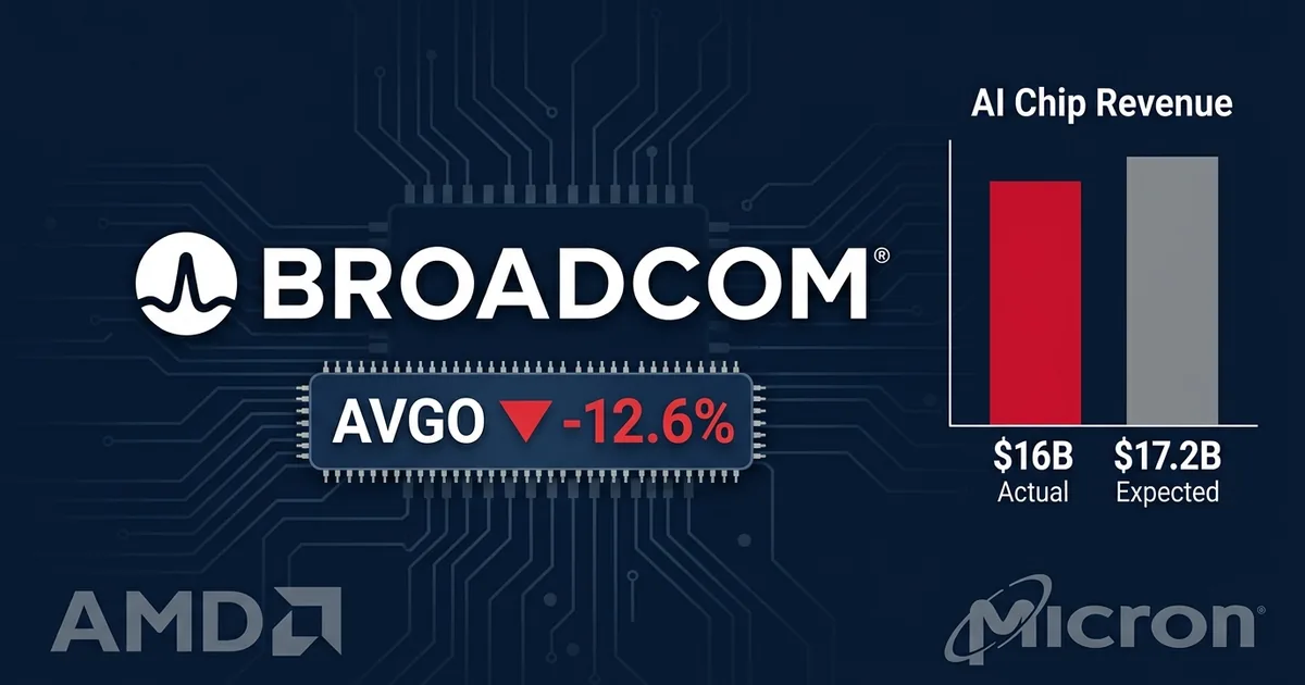 Broadcom logo with AVGO ticker showing 12.6 percent drop and AI chip revenue comparison chart on dark navy circuit board background