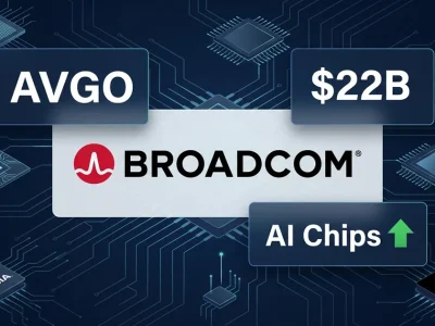 Broadcom logo centered on dark navy circuit board background with AVGO ticker, 2B revenue panel, AI Chips upward arrow, and Nvidia and AMD logos