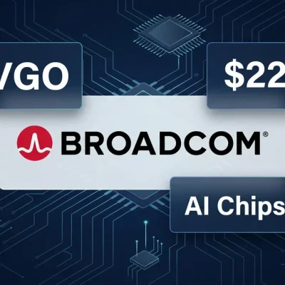Broadcom logo centered on dark navy circuit board background with AVGO ticker, 2B revenue panel, AI Chips upward arrow, and Nvidia and AMD logos