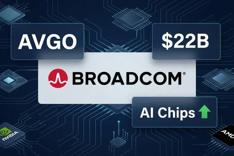 Broadcom logo centered on dark navy circuit board background with AVGO ticker, 2B revenue panel, AI Chips upward arrow, and Nvidia and AMD logos