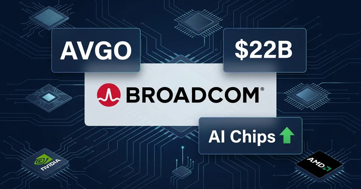 Broadcom logo centered on dark navy circuit board background with AVGO ticker, 2B revenue panel, AI Chips upward arrow, and Nvidia and AMD logos