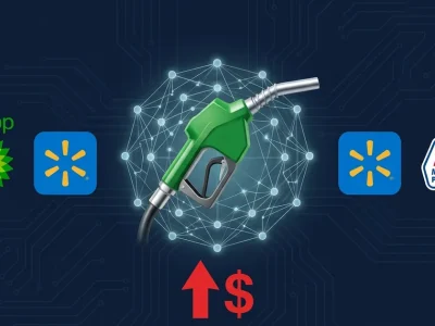 Gas pump nozzle with AI neural network overlay flanked by BP Walmart and Marathon Petroleum logos with upward price arrow and scales of justice on dark navy background