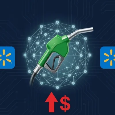Gas pump nozzle with AI neural network overlay flanked by BP Walmart and Marathon Petroleum logos with upward price arrow and scales of justice on dark navy background