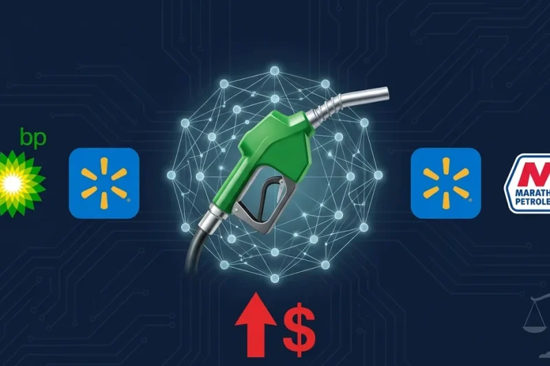 Gas pump nozzle with AI neural network overlay flanked by BP Walmart and Marathon Petroleum logos with upward price arrow and scales of justice on dark navy background