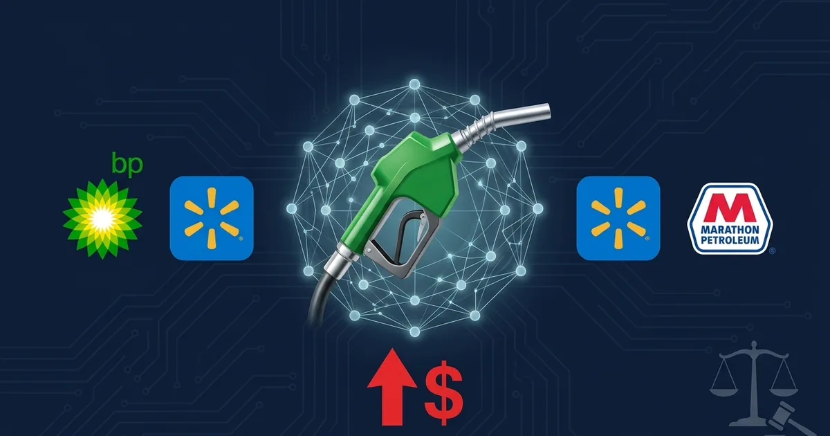 Gas pump nozzle with AI neural network overlay flanked by BP Walmart and Marathon Petroleum logos with upward price arrow and scales of justice on dark navy background