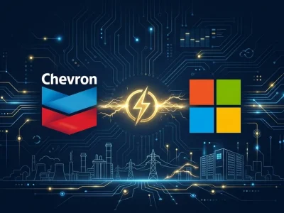 Chevron and Microsoft logos connected by golden electricity symbol with data center and power grid silhouettes on dark navy background