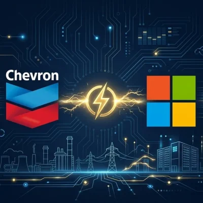 Chevron and Microsoft logos connected by golden electricity symbol with data center and power grid silhouettes on dark navy background