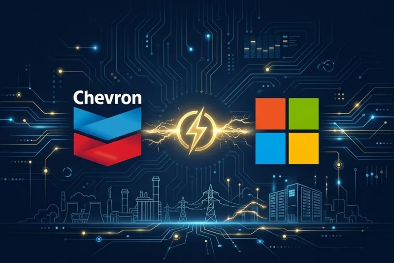 Chevron and Microsoft logos connected by golden electricity symbol with data center and power grid silhouettes on dark navy background