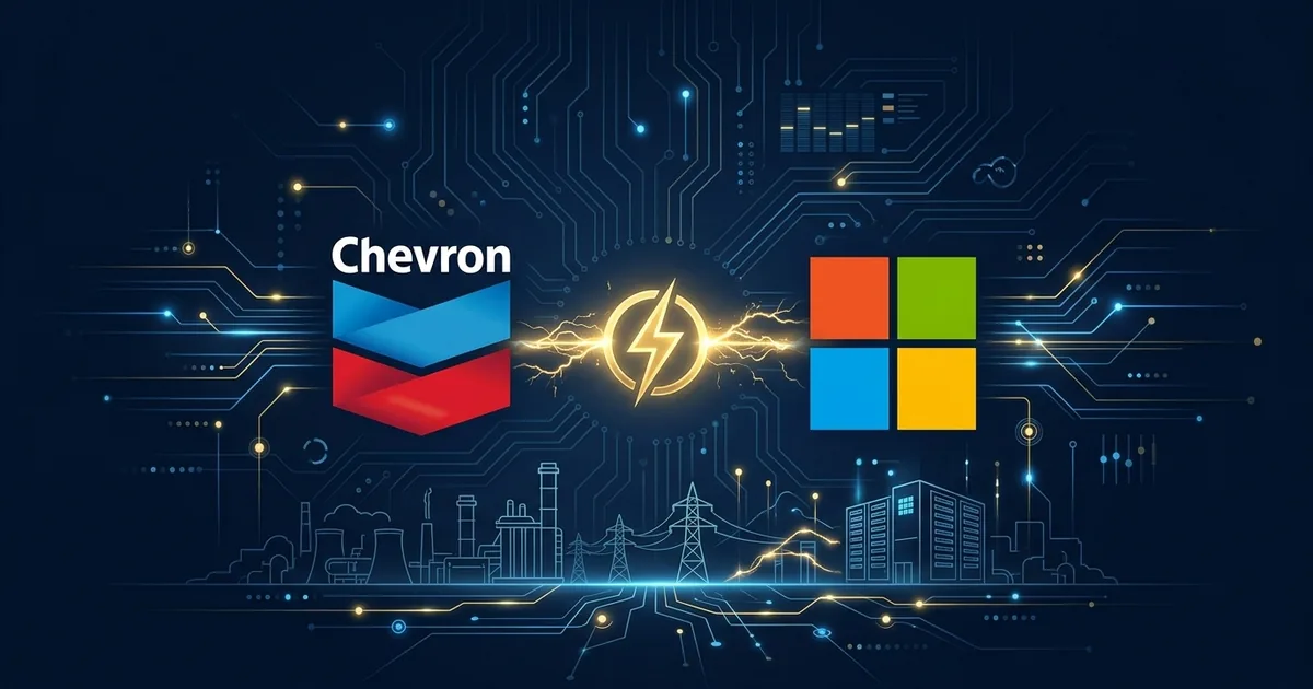 Chevron and Microsoft logos connected by golden electricity symbol with data center and power grid silhouettes on dark navy background