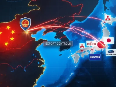 Stylized map of China and Japan with red warning arcs and logos of Mitsubishi, Fujitsu, Komatsu, and Subaru showing export control targeting