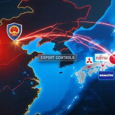 Stylized map of China and Japan with red warning arcs and logos of Mitsubishi, Fujitsu, Komatsu, and Subaru showing export control targeting