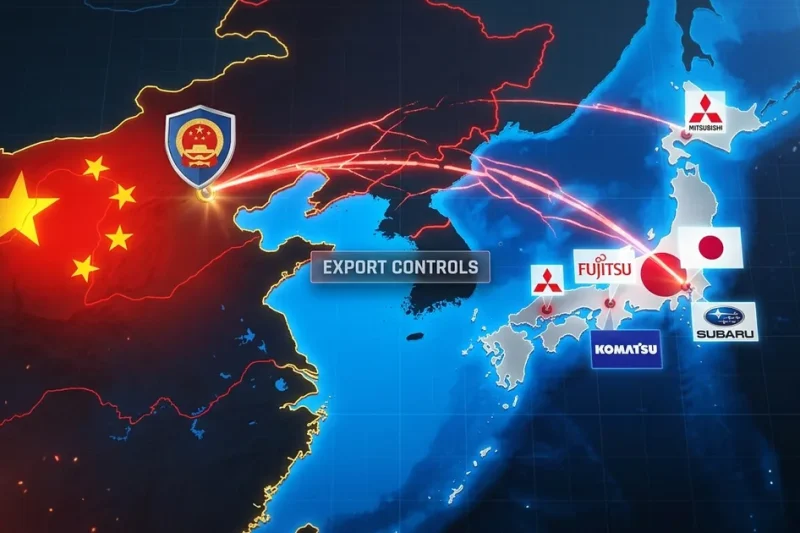 Stylized map of China and Japan with red warning arcs and logos of Mitsubishi, Fujitsu, Komatsu, and Subaru showing export control targeting