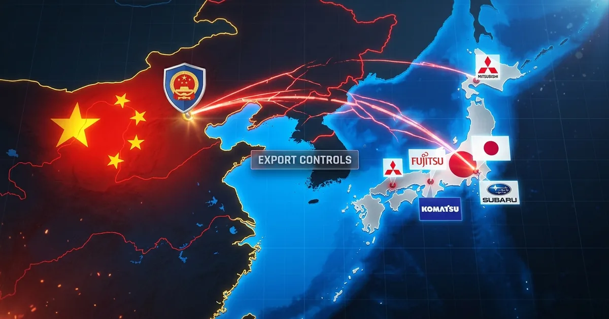Stylized map of China and Japan with red warning arcs and logos of Mitsubishi, Fujitsu, Komatsu, and Subaru showing export control targeting