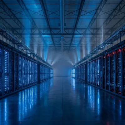 Dramatic supercomputer data center interior with rows of server racks and blue lighting