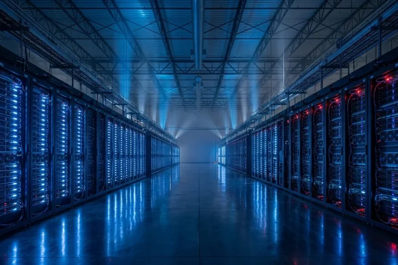 Dramatic supercomputer data center interior with rows of server racks and blue lighting