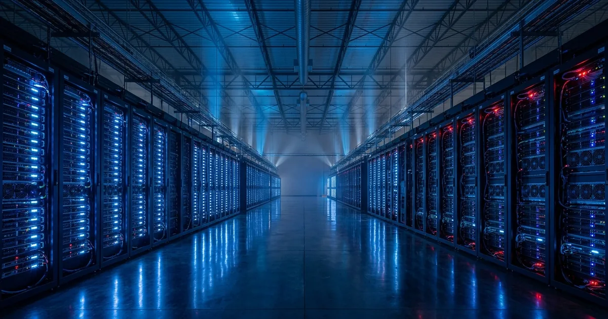 Dramatic supercomputer data center interior with rows of server racks and blue lighting