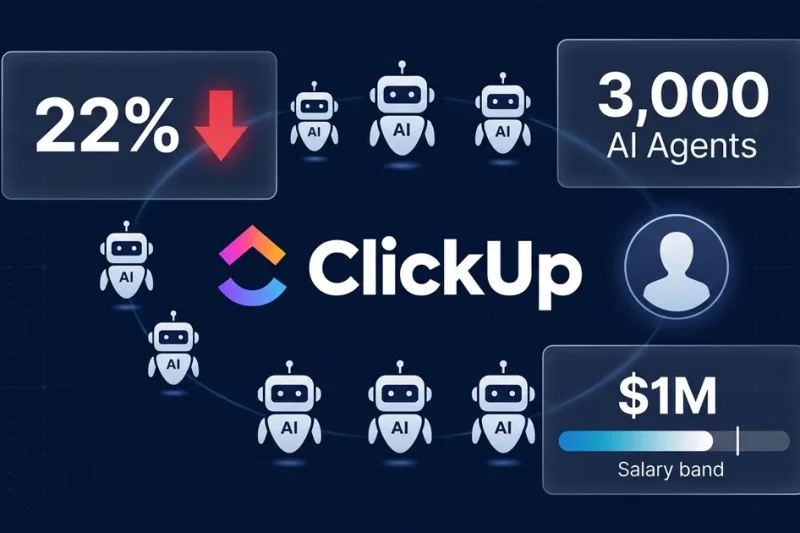ClickUp logo centered with AI robot agent icons in 3:1 ratio against human silhouette, showing 22% layoff indicator, 3000 AI Agents, and M salary band on dark navy background