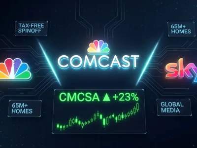 Comcast logo with NBCUniversal peacock and Sky logos flanking, CMCSA stock ticker showing 23 percent surge, dark navy dashboard composite