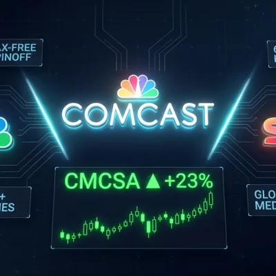Comcast logo with NBCUniversal peacock and Sky logos flanking, CMCSA stock ticker showing 23 percent surge, dark navy dashboard composite