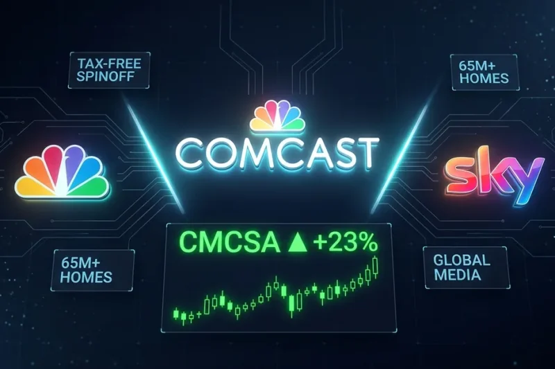 Comcast logo with NBCUniversal peacock and Sky logos flanking, CMCSA stock ticker showing 23 percent surge, dark navy dashboard composite